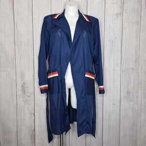 Vintage 70s Weldon Navy Mod Robe Jacket w/ Red White Trim Belted, sz Large